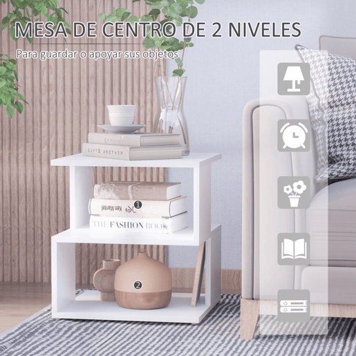 HOMCOM Mesa Auxiliar Mesa de Cabeceira Mesa Centro de 2 Níveis com Prateleira de Armazenamento para Sala Quarto Estante 40x40x43 cm Branco