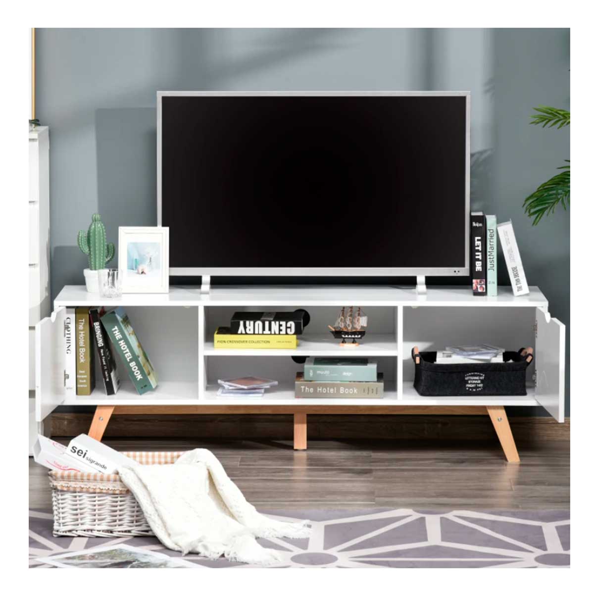 Homcom mueble de tv moderno mueble para televisores de 65 pulgadas mesa de tv para salón con 2 puertas 2 estantes abiertos y patas de madera 150x39x50 cm blanco
