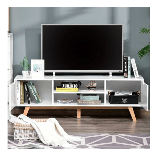 HOMCOM Móvel de TV para Televisores de até 65 Polegadas Móvel de TV com 2 Armários Prateleiras Abertas Puxador Oco Pés de Madeira de Borracha e Orifício Passa Cabos 150x39x50 cm Branco e Madeira