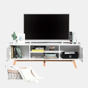 HOMCOM Móvel de TV para Televisores de até 65 Polegadas Móvel de TV com 2 Armários Prateleiras Abertas Puxador Oco Pés de Madeira de Borracha e Orifício Passa Cabos 150x39x50 cm Branco e Madeira