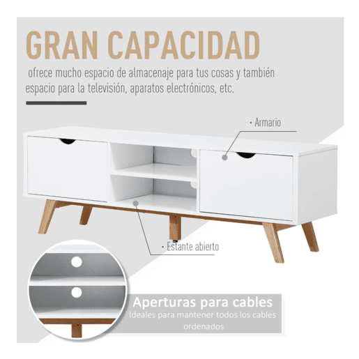 HOMCOM Móvel de TV para Televisores de até 65 Polegadas Móvel de TV com 2 Armários Prateleiras Abertas Puxador Oco Pés de Madeira de Borracha e Orifício Passa Cabos 150x39x50 cm Branco e Madeira