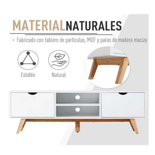 HOMCOM Móvel de TV para Televisores de até 65 Polegadas Móvel de TV com 2 Armários Prateleiras Abertas Puxador Oco Pés de Madeira de Borracha e Orifício Passa Cabos 150x39x50 cm Branco e Madeira
