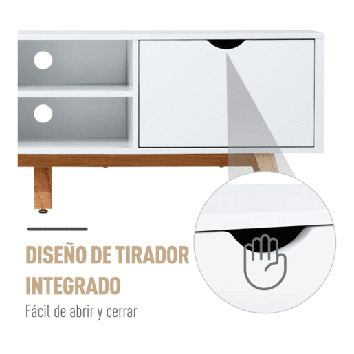 HOMCOM Móvel de TV para Televisores de até 65 Polegadas Móvel de TV com 2 Armários Prateleiras Abertas Puxador Oco Pés de Madeira de Borracha e Orifício Passa Cabos 150x39x50 cm Branco e Madeira