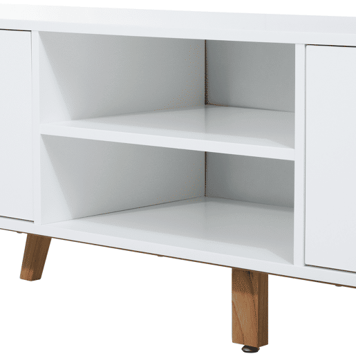 HOMCOM Móvel de TV para Televisores de até 65 Polegadas Móvel de TV com 2 Armários Prateleiras Abertas Puxador Oco Pés de Madeira de Borracha e Orifício Passa Cabos 150x39x50 cm Branco e Madeira