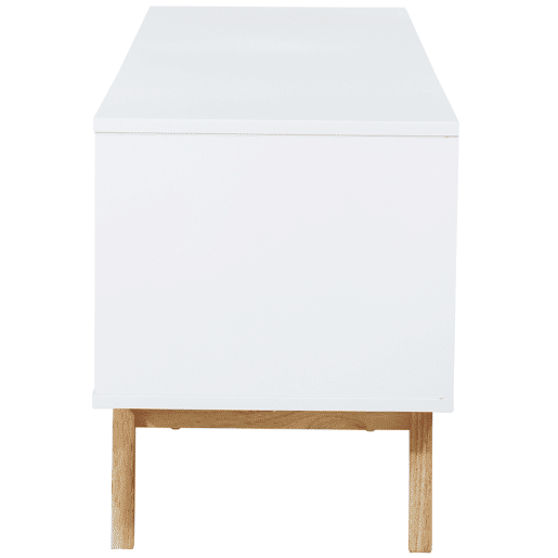 HOMCOM Móvel de TV para Televisores de até 65 Polegadas Móvel de TV com 2 Armários Prateleiras Abertas Puxador Oco Pés de Madeira de Borracha e Orifício Passa Cabos 150x39x50 cm Branco e Madeira