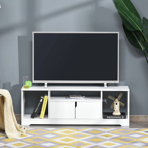 HOMCOM Móvel de TV para Televisores de até 42u201D Móvel de Sala de Estar Moderno com Armário de Dupla Porta e 3 Compartimentos Abertos 120x30x41cm Branco