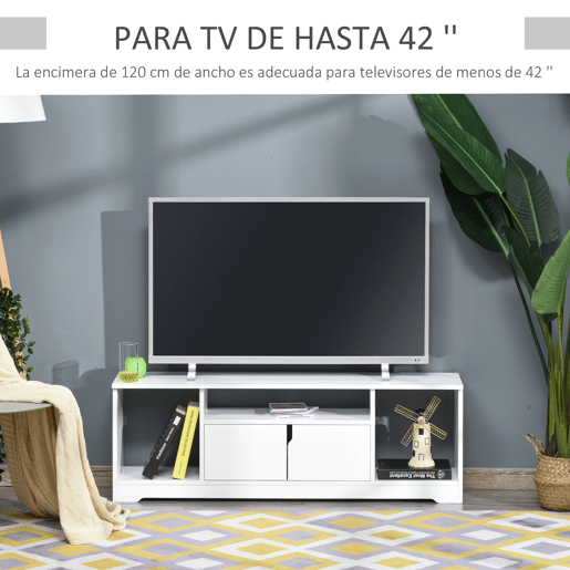 HOMCOM Móvel de TV para Televisores de até 42u201D Móvel de Sala de Estar Moderno com Armário de Dupla Porta e 3 Compartimentos Abertos 120x30x41cm Branco