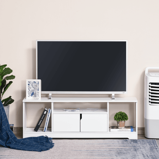 HOMCOM Móvel de TV para Televisores de até 42u201D Móvel de Sala de Estar Moderno com Armário de Dupla Porta e 3 Compartimentos Abertos 120x30x41cm Branco