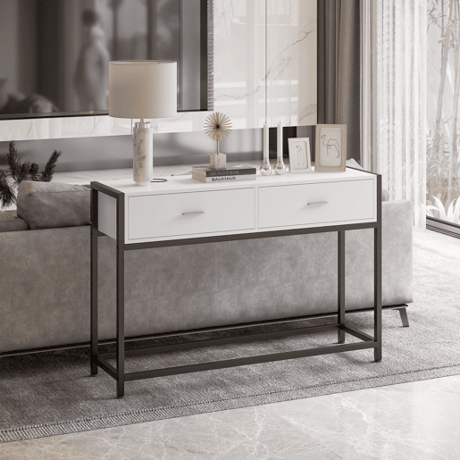 HOMCOM Consola Mesa de Entrada 120x34x81cm com 2 Gavetas e Pés Ajustáveis Móvel de Entrada de Estilo Moderno para Corredor Entrada Branco e Preto