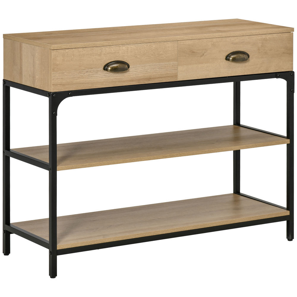 Homcom mesa consola mesa de entrada con 2 cajones y 2 estantes de almacenamiento marco de acero mueble recibidor para pasillo salón 100x35x79,2 cm roble
