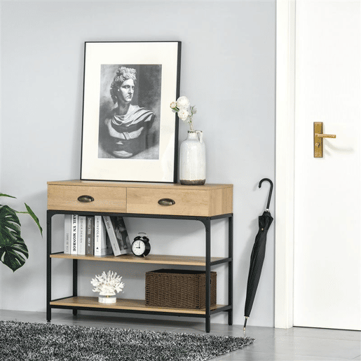 HOMCOM Mesa Consola Mesa de Entrada Estreita com 2 Gavetas e 2 Prateleiras de Armazenamento Estrutura de Aço para Corredor Entrada Sala de Estar 100x35x79,5cm Carvalho e Preto