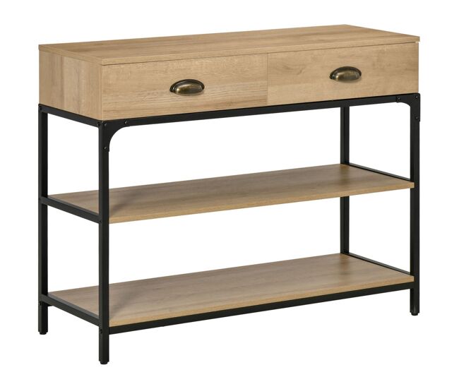 Homcom mesa consola mesa de entrada con 2 cajones y 2 estantes de almacenamiento marco de acero mueble recibidor para pasillo salón 100x35x79,2 cm roble