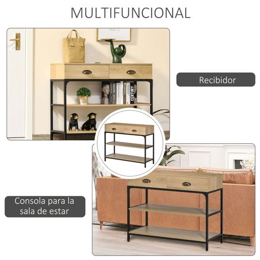 HOMCOM Mesa Consola Mesa de Entrada Estreita com 2 Gavetas e 2 Prateleiras de Armazenamento Estrutura de Aço para Corredor Entrada Sala de Estar 100x35x79,5cm Carvalho e Preto