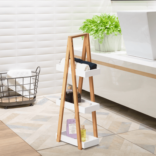 kleankin Estante de Bambú para Casa de Banho com 3 Prateleiras de Armazenamento Móvel Organizador para Cozinha Sala de Estar Lavanderia 30x18x81cm Madeira e Branco