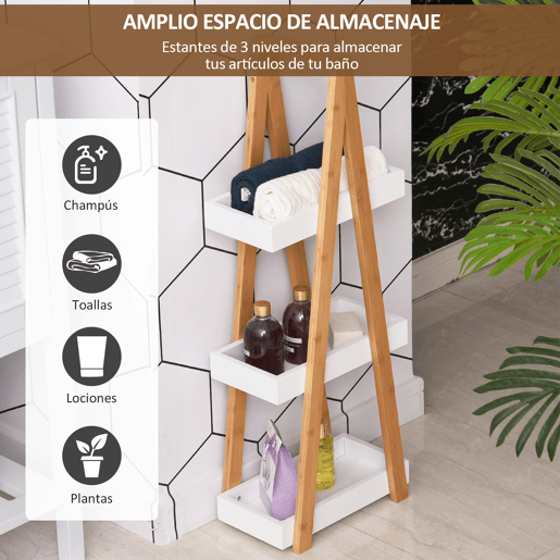 kleankin Estante de Bambú para Casa de Banho com 3 Prateleiras de Armazenamento Móvel Organizador para Cozinha Sala de Estar Lavanderia 30x18x81cm Madeira e Branco
