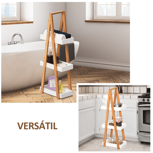 kleankin Estante de Bambú para Casa de Banho com 3 Prateleiras de Armazenamento Móvel Organizador para Cozinha Sala de Estar Lavanderia 30x18x81cm Madeira e Branco