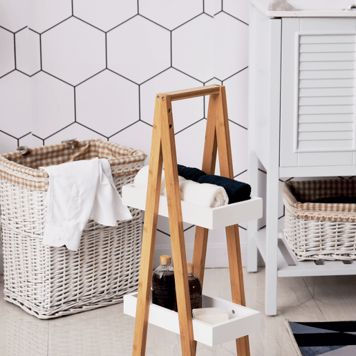 kleankin Estante de Bambú para Casa de Banho com 3 Prateleiras de Armazenamento Móvel Organizador para Cozinha Sala de Estar Lavanderia 30x18x81cm Madeira e Branco