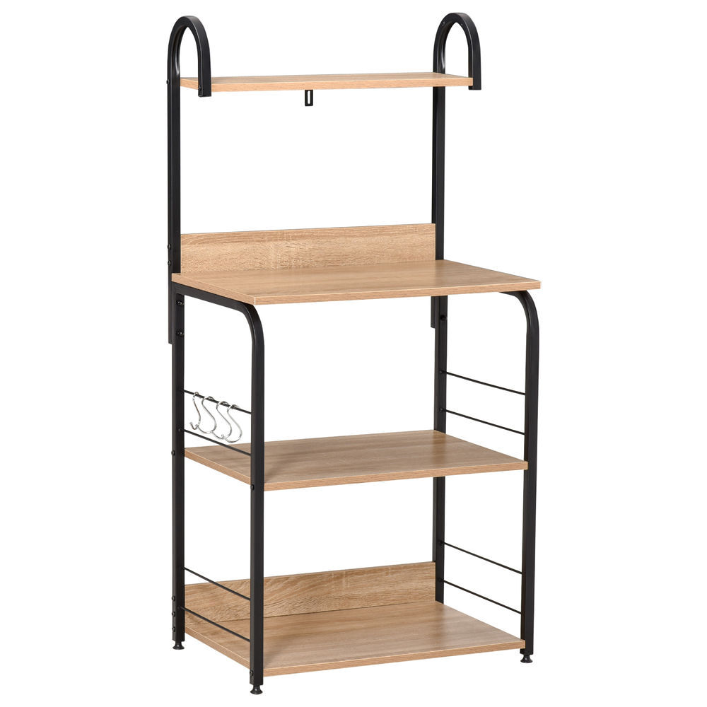 Homcom estantería de cocina de 4 niveles estante de cocina con ganchos estantería para microondas 60x40x125 cm madera natural