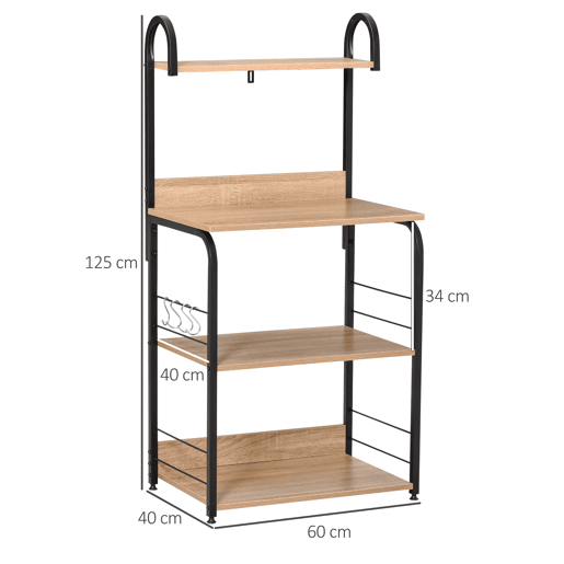 HOMCOM Estante de Cozinha Estante para Microondas com 4 Níveis Ganchos e Pés Ajustáveis Estante de Armazenamento 60x40x125cm Madeira Natural