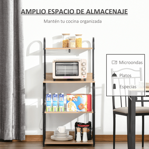 HOMCOM Estante de Cozinha Estante para Microondas com 4 Níveis Ganchos e Pés Ajustáveis Estante de Armazenamento 60x40x125cm Madeira Natural