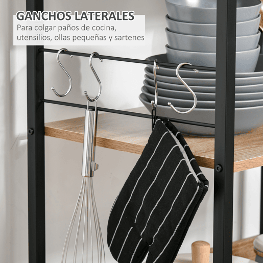 HOMCOM Estante de Cozinha Estante para Microondas com 4 Níveis Ganchos e Pés Ajustáveis Estante de Armazenamento 60x40x125cm Madeira Natural