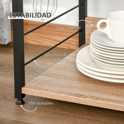 HOMCOM Estante de Cozinha Estante para Microondas com 4 Níveis Ganchos e Pés Ajustáveis Estante de Armazenamento 60x40x125cm Madeira Natural