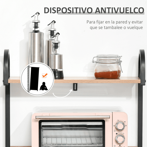 HOMCOM Estante de Cozinha Estante para Microondas com 4 Níveis Ganchos e Pés Ajustáveis Estante de Armazenamento 60x40x125cm Madeira Natural
