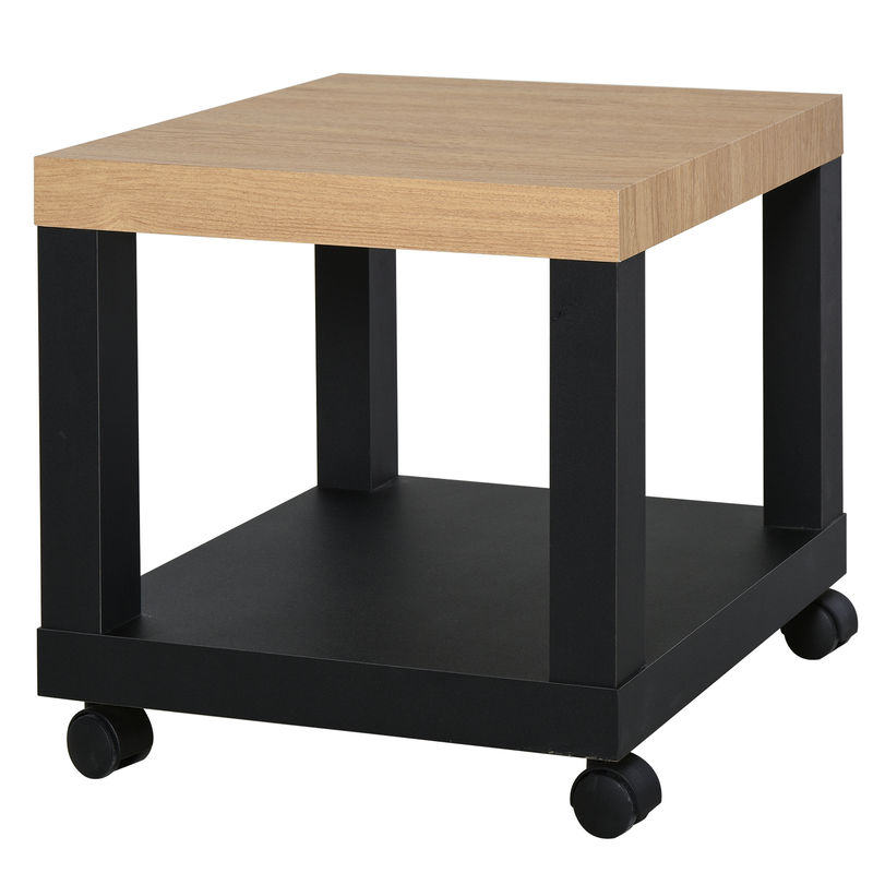 Homcom mesita auxiliar con ruedas mesa auxiliar con estante abierto mesa para sofá sala dormitorio 40x40x40 cm negro y natural