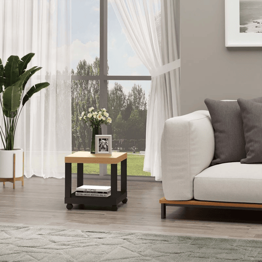 HOMCOM Mesa Auxiliar com Rodas Mesa Auxiliar com Prateleira Aberta para Sofá Dormitório 40x40x40 cm Branco e Madeira Preto e Madeira
