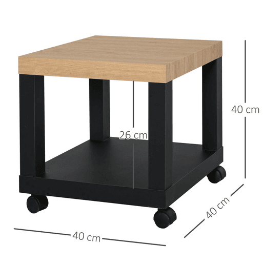 HOMCOM Mesa Auxiliar com Rodas Mesa Auxiliar com Prateleira Aberta para Sofá Dormitório 40x40x40 cm Branco e Madeira Preto e Madeira