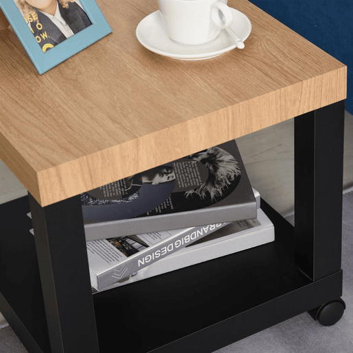 HOMCOM Mesa Auxiliar com Rodas Mesa Auxiliar com Prateleira Aberta para Sofá Dormitório 40x40x40 cm Branco e Madeira Preto e Madeira