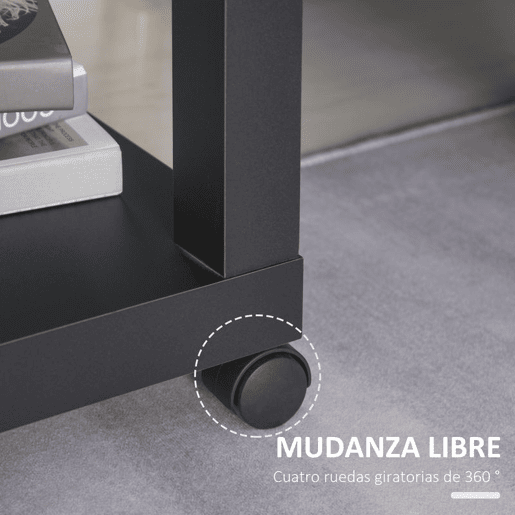 HOMCOM Mesa Auxiliar com Rodas Mesa Auxiliar com Prateleira Aberta para Sofá Dormitório 40x40x40 cm Branco e Madeira Preto e Madeira