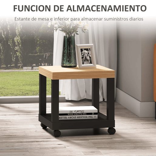 HOMCOM Mesa Auxiliar com Rodas Mesa Auxiliar com Prateleira Aberta para Sofá Dormitório 40x40x40 cm Branco e Madeira Preto e Madeira