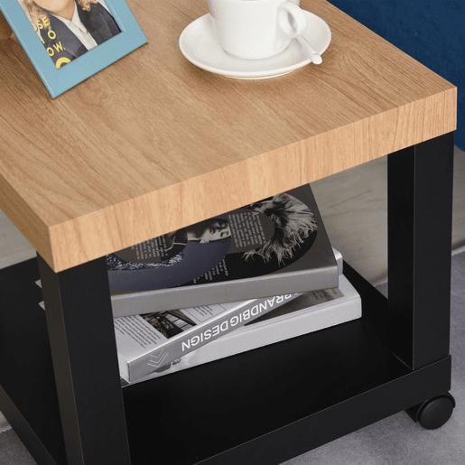 HOMCOM Mesa Auxiliar com Rodas Mesa Auxiliar com Prateleira Aberta para Sofá Dormitório 40x40x40 cm Branco e Madeira Preto e Madeira