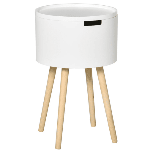HOMCOM Mesa Auxiliar para Sala de Estar Moderna Mesa de Cabeceira com Tampa Removível Espaço de Armazenamento e Pés de Madeira para Dormitórios Ø38x63cm Branco