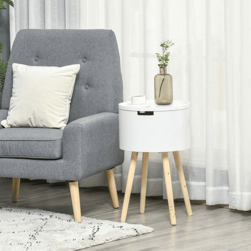 HOMCOM Mesa Auxiliar para Sala de Estar Moderna Mesa de Cabeceira com Tampa Removível Espaço de Armazenamento e Pés de Madeira para Dormitórios Ø38x63cm Branco