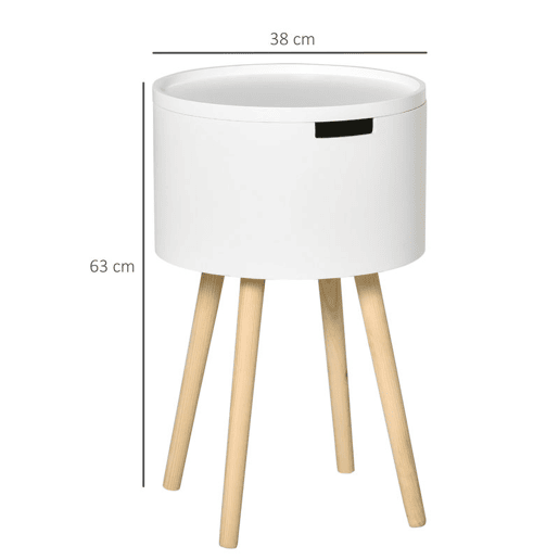 HOMCOM Mesa Auxiliar para Sala de Estar Moderna Mesa de Cabeceira com Tampa Removível Espaço de Armazenamento e Pés de Madeira para Dormitórios Ø38x63cm Branco