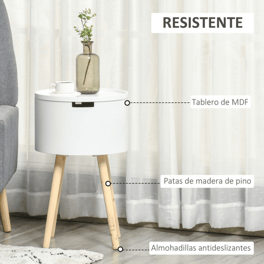HOMCOM Mesa Auxiliar para Sala de Estar Moderna Mesa de Cabeceira com Tampa Removível Espaço de Armazenamento e Pés de Madeira para Dormitórios Ø38x63cm Branco