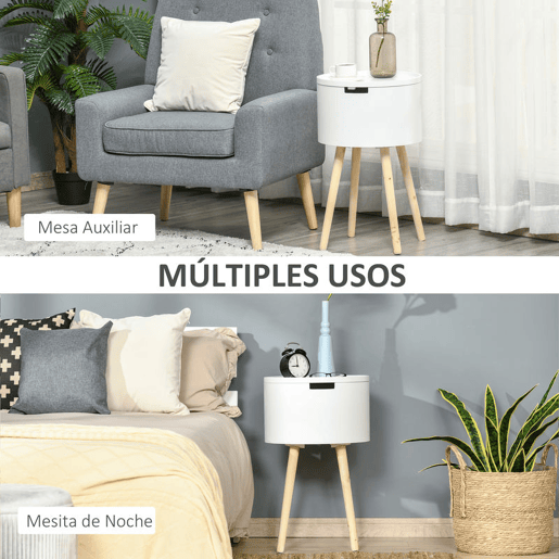 HOMCOM Mesa Auxiliar para Sala de Estar Moderna Mesa de Cabeceira com Tampa Removível Espaço de Armazenamento e Pés de Madeira para Dormitórios Ø38x63cm Branco