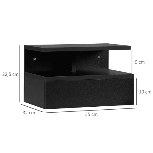 HOMCOM Conjunto de 2 Mesas de Cabeceira Flutuantes, Mesas de Cabeceira Modernas com Gaveta e Prateleira Aberta, Poupança de Espaço, Design Elegante para Sala ou Quarto, 35x32x22,5 cm, Preto