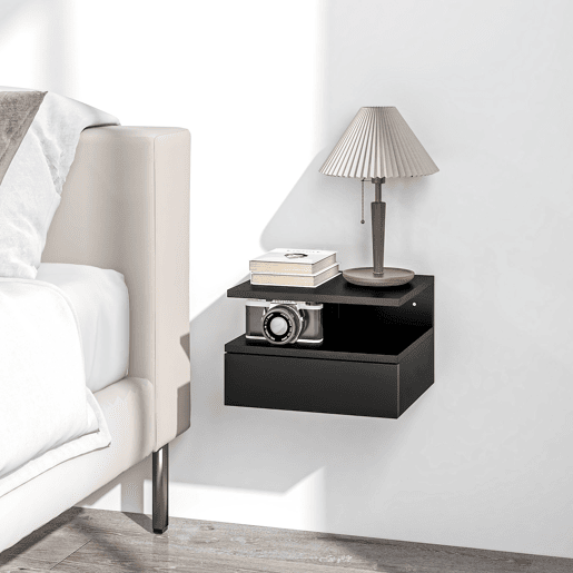 HOMCOM Conjunto de 2 Mesas de Cabeceira Flutuantes, Mesas de Cabeceira Modernas com Gaveta e Prateleira Aberta, Poupança de Espaço, Design Elegante para Sala ou Quarto, 35x32x22,5 cm, Preto