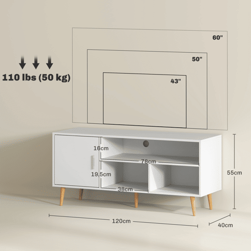 HOMCOM Móvel de TV para Televisores de até 60u201D Móvel de Sala de Estar Moderno com Armário 3 Compartimentos 120x40x55cm Branco