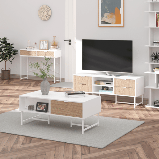 HOMCOM Mesa Consola 100x30x75cm Mesa de Entrada Moderno com 2 Gavetas de Armazenamento e Estrutura de Metal para Corredor Sala de Estar Branco