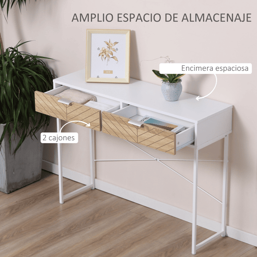 HOMCOM Mesa Consola 100x30x75cm Mesa de Entrada Moderno com 2 Gavetas de Armazenamento e Estrutura de Metal para Corredor Sala de Estar Branco
