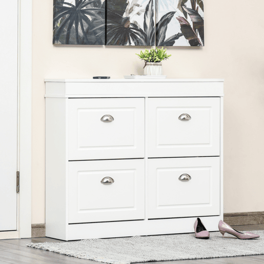 HOMCOM Móvel Sapateiro de 4 Portas Sapateiro Estreito com Prateleiras Ajustáveis e Removíveis Capacidade de 16 Pares para Corredor Entrada 98x24x83cm Branco