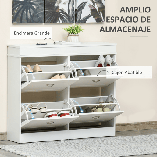 HOMCOM Móvel Sapateiro de 4 Portas Sapateiro Estreito com Prateleiras Ajustáveis e Removíveis Capacidade de 16 Pares para Corredor Entrada 98x24x83cm Branco