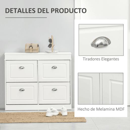 HOMCOM Móvel Sapateiro de 4 Portas Sapateiro Estreito com Prateleiras Ajustáveis e Removíveis Capacidade de 16 Pares para Corredor Entrada 98x24x83cm Branco