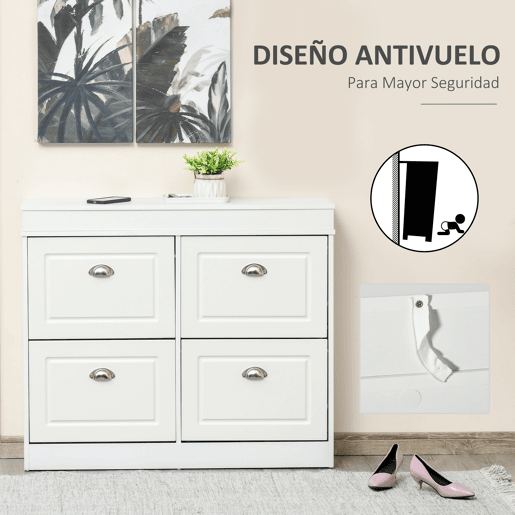 HOMCOM Móvel Sapateiro de 4 Portas Sapateiro Estreito com Prateleiras Ajustáveis e Removíveis Capacidade de 16 Pares para Corredor Entrada 98x24x83cm Branco