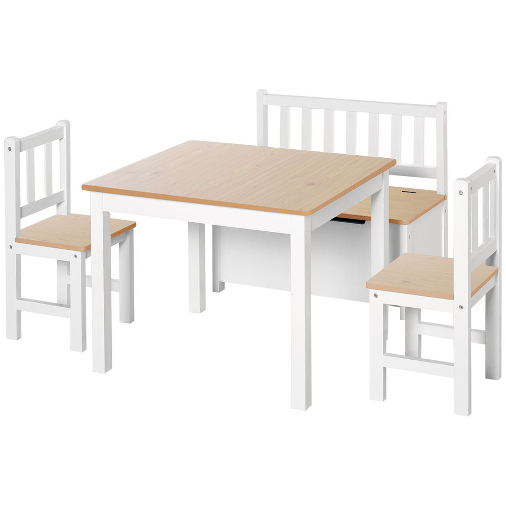 Homcom mesa y sillas infantiles de 4 piezas mesa infantil con 2 sillas y banco con almacenaje juego de muebles para actividades para niños de +3 años para dormitorio sala de juegos blanco y natural