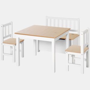 HOMCOM Conjunto Infantil de Mesa 2 Cadeiras e Banco com Armazenamento Móveis Infantil para Sala de Jogos Dormitório Branco e Natural